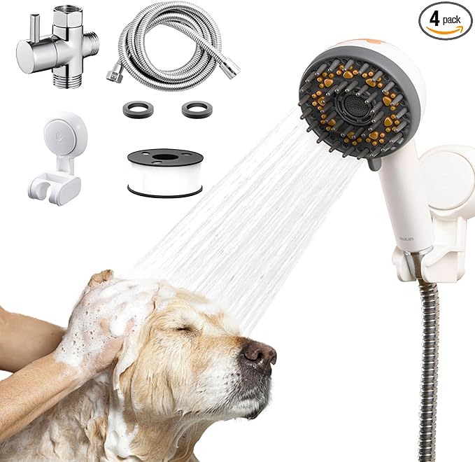 Dog Shower Brush with Massage Function & High Pressure Hose (6.6ft), Handheld Pet Bath Sprayer, No Drill Wall-Mount Holder, 3 Spray Modes for Tough Stain Removal & Grooming