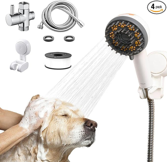 Dog Shower Brush with Massage Function & High Pressure Hose (6.6ft), Handheld Pet Bath Sprayer, No Drill Wall-Mount Holder, 3 Spray Modes for Tough Stain Removal & Grooming