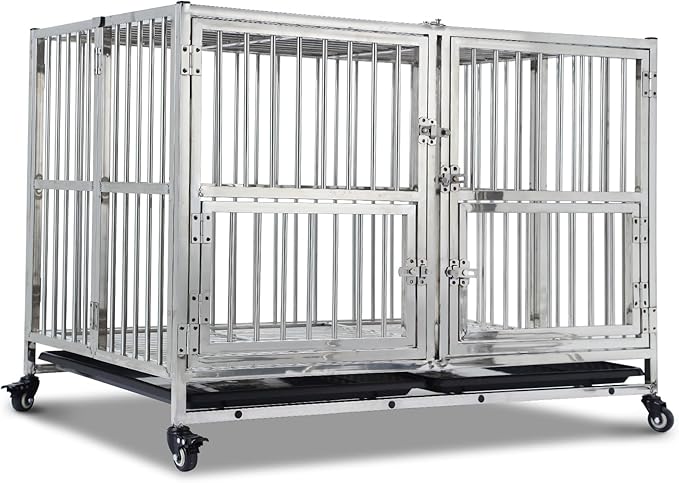 48 Inch Heavy Duty Indestructible Dog Crate, Stainless Steel Dog Cage Kennel with Lockable Wheels, High Anxiety Dog Crate with Double Door, Extra Large Crate Indoor for Large Dogs with Removable Tray