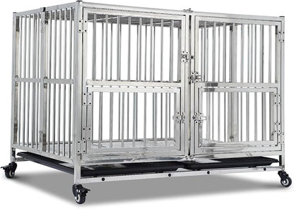 48 Inch Heavy Duty Indestructible Dog Crate, Stainless Steel Dog Cage Kennel with Lockable Wheels, High Anxiety Dog Crate with Double Door, Extra Large Crate Indoor for Large Dogs with Removable Tray