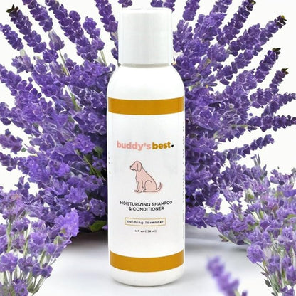 Buddy’s Best 4oz Travel-Size Dog Shampoo and Conditioner with Shea Butter, Oatmeal, Biotin, and Aloe Vera, Alcohol-Free Deep Moisturizer for Dry, Itchy Skin and Coats (Calming Lavender)