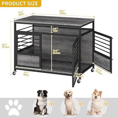 DWVO Dog Crate Furniture, 39.4 Inch Dog Kennel Indoor Furniture End Table Cage for Dogs, Modern Decorative Cage Wooden Dogs Crate Furniture with Wheels, Chew-Resistant, Dark Grey