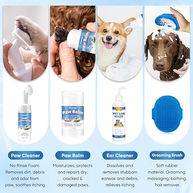 Dog Wipes Cleaning Deodorizing, Dog Grooming Wipes & Dog Paw Cleaner, Pet Cleaning Kit for Teeth, Ears, Eyes, Paw, Body, Dog Ear Rinse, Essential Dog Supplies Set