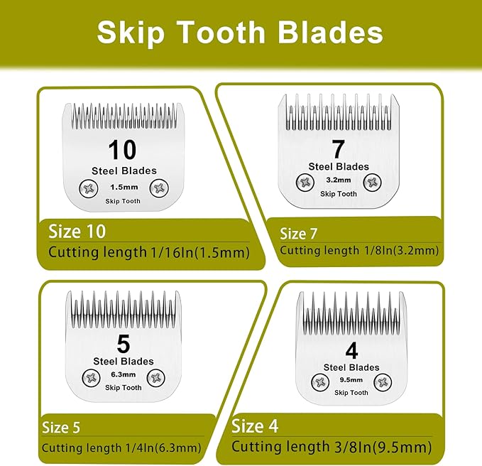 10+7+5+4 Skip Tooth Blades,Detachable Pet Dog Grooming Steel Blade Compatible with Oster A5,Wahl KM10 Series Clippers,Cut Length 1/8-Inch (3.2mm)，4 Pack