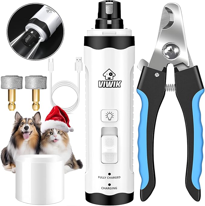 VIWIK Dog Nail Grinder with Dog Nail Trimmers, Dog Nail Clippers Kit for Large Medium Small Dogs & Cats, Quiet Electric 2-Speed USB Rechargeable Pet Nail Grinder with Light, Gifts for Dog Lovers
