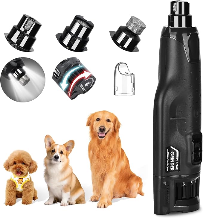 Dog Nail Grinder Quiet Low Vibration, 6 Speed Pet Nail Grinder with 2 LED Lights for Large Medium Small Dogs Cats, Professional 3 Ports Rechargeable Electric Dogs Nail Trimmer (Grey)