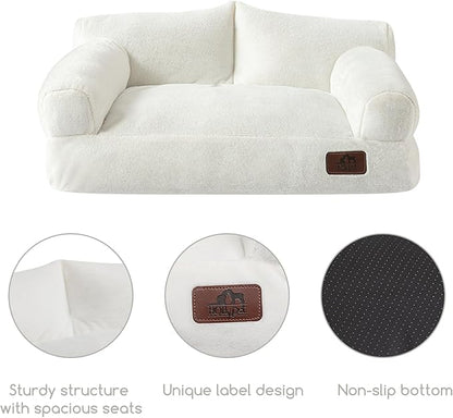 Hollypet Fluffy Plush Pet Cat Couch Soft Calming Pet Sofa Beds for Medium Small Cats and Dogs, White