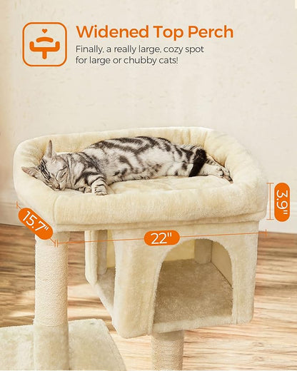 Feandrea Cat Tree, 33.1-Inch Cat Tower, L, Cat Condo for Large Cats up to 16 lb, Large Cat Perch, 2 Cat Caves, Scratching Post, Beige UPCT61M