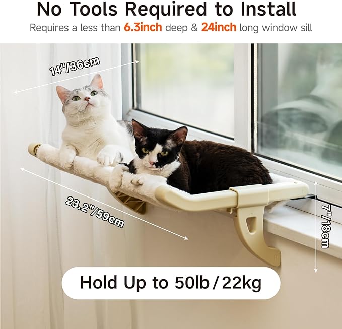 MEWOOFUN Window Sill Perch for Indoor Cats, One-Step Sliding Clamping Slot Adjustment Cat Hammock With Removable Covers, Bed for Windowsill & Bedside (Beige, Large)