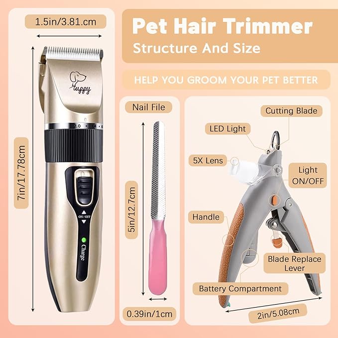Dog Hair Clippers for Pet Grooming Kit Paw Trimmer Nail Grinder for Grooming Waterproof/Low Noise Rechargeable Cordless Dog Clippers for Pet Cats Dogs