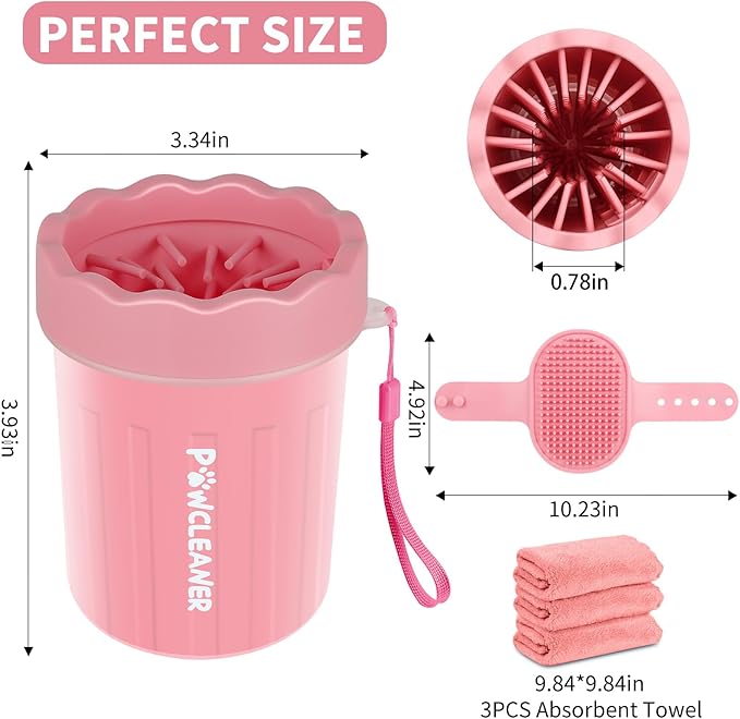 Dog Paw Cleaner for Dogs, (with 3Pcs Absorbent Towels & Adjustable Bath Brush) Dog Paw Washer, Pet Foot Cleaner (Pink, Small)