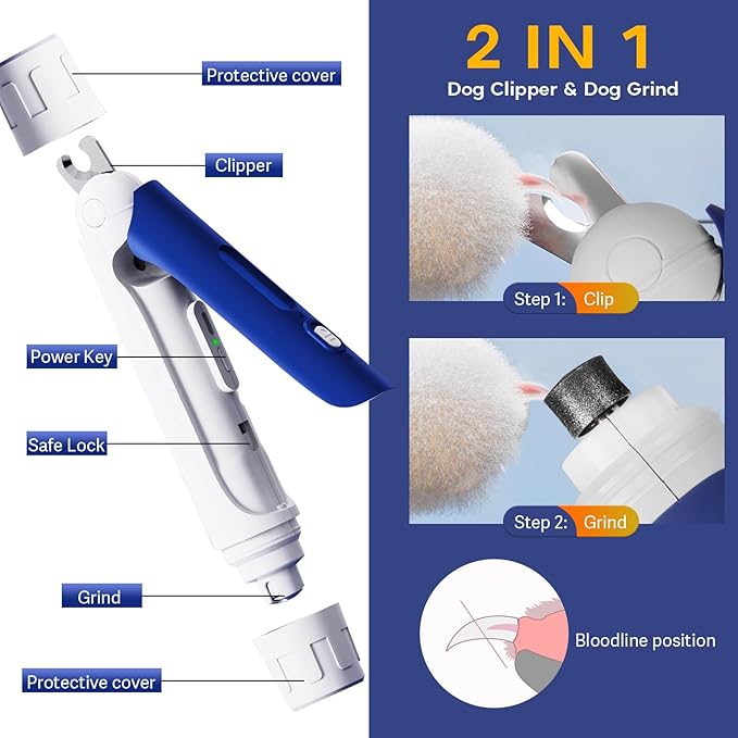 2 in 1 Dog Nail Grinder & Dog Nail Clippers Trimmers with LED Light, 3-Speed Pet Nail Clippers for Small Medium Large Dogs Cats, Dog Nail Grinder Set Quiet & Safety