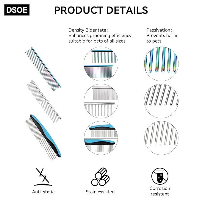 3 PCS Dog Combs for Grooming Matting, Pet Grooming Tools, 2 in 1 Dog Combs with Rounded Ends Stainless Steel Teeth, Cat Comb for Removing Tangles and Knots, Pet Comb, metal comb for dogs, 7.4IN/1.3IN