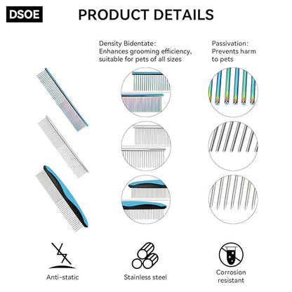 3 PCS Dog Combs for Grooming Matting, Pet Grooming Tools, 2 in 1 Dog Combs with Rounded Ends Stainless Steel Teeth, Cat Comb for Removing Tangles and Knots, Pet Comb, metal comb for dogs, 7.4IN/1.3IN