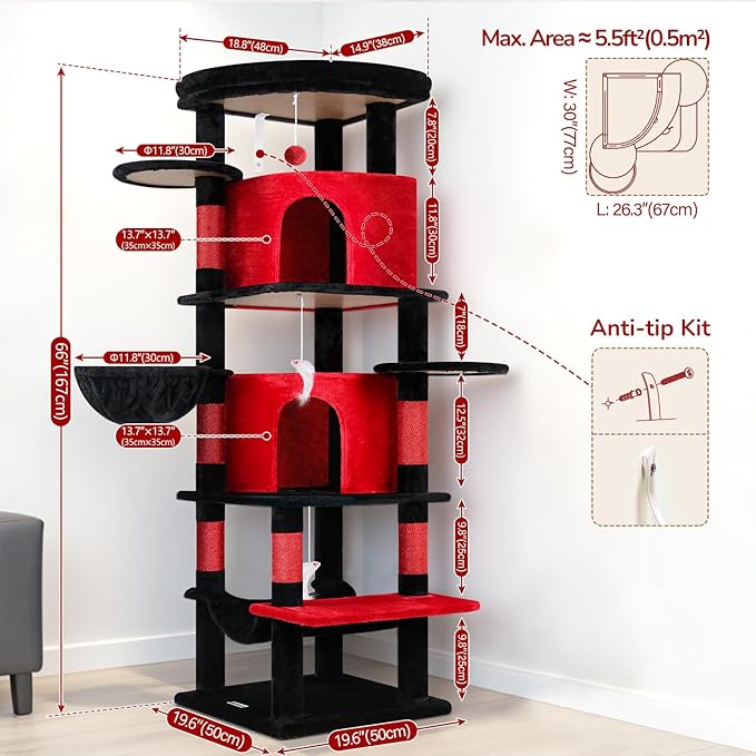 Globlazer Gothic Corner Cat Tree Tower for Large Cat, 66inch Tall Large Goth Cat Tree for Multiple Indoor Cats with 6 Scratching Posts, 2 Spacious Condos, Soft Hammock, Hanging Basket, C66, Red Black