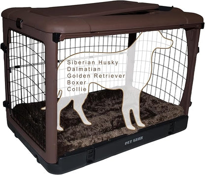 Pet Gear _he Other Door 4 Door Steel Crate for Dogs/Cats with Garage-Style Door, Includes Plush Bed + Travel Bag, No Tools Required, Espresso