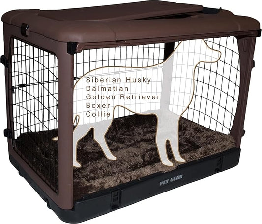 Pet Gear _he Other Door 4 Door Steel Crate for Dogs/Cats with Garage-Style Door, Includes Plush Bed + Travel Bag, No Tools Required, Espresso