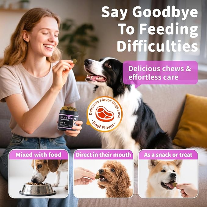 Dog Allergy Relief Chews, Itch Relief for Dogs – Turmeric & Omega-3 Supplements for Skin Comfort, Coat Health & Seasonal Support, Immune Care with Biotin & Quercetin – Beef Flavor, 90 Count