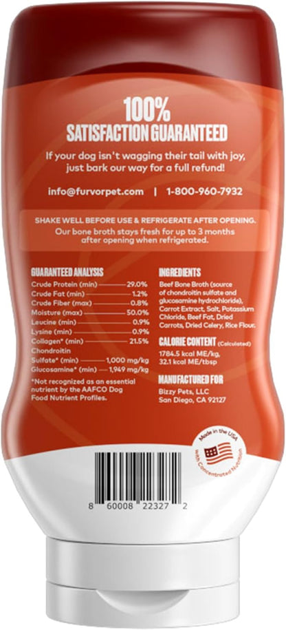 Beef Bone Broth for Dogs - Collagen Protein Supplement for Digestion, Mobility, Coat, Immune System, Healthy Dog Food Topper, Human Grade Meal Boost Gravy, Just Add Water, Made in USA 16 oz