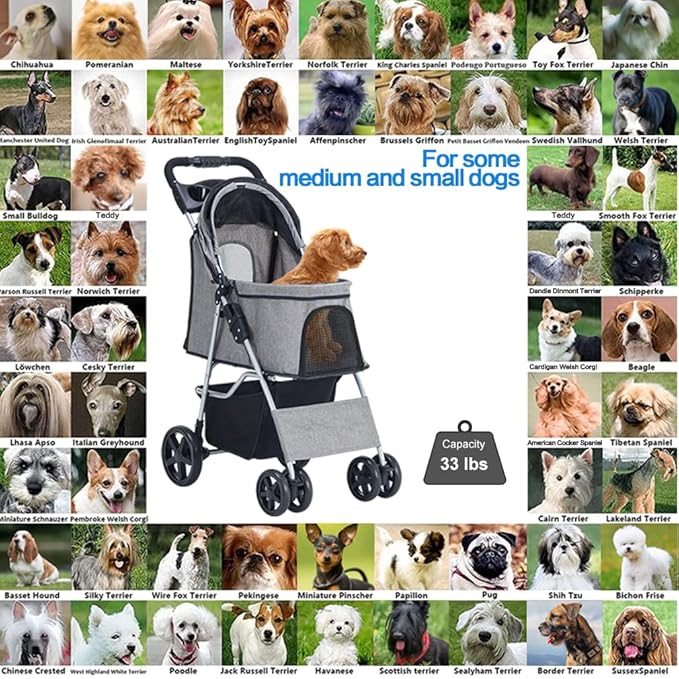 Pet Stroller, Cat Dog Stroller for Medium Small Dog with Storage Basket Foldable Lightweight Dog Carrier Trolley, 4 Wheel, Gray