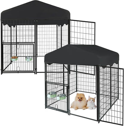 Dog Kennel Outdoor, Large Outside Dog Kennel with Rotating Feeding Door Outdoor Kennel with Roof, Dog Enclosures for Outside Metal Dog House with Cover Outside Dog Crate for Dogs, Rabbits, 2 Pack
