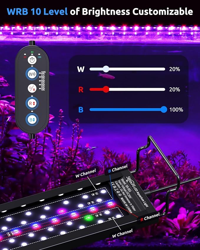 SEAOURA Aquarium Planted Light for 24-30in Freshwater Tank, Full Spectrum LED Light for Plant Growth, 6H/8H/12H Timer, WRB 3 Channel Customizable, 10 Brightness & 11 Colors, Adjustable Bracket - 20W