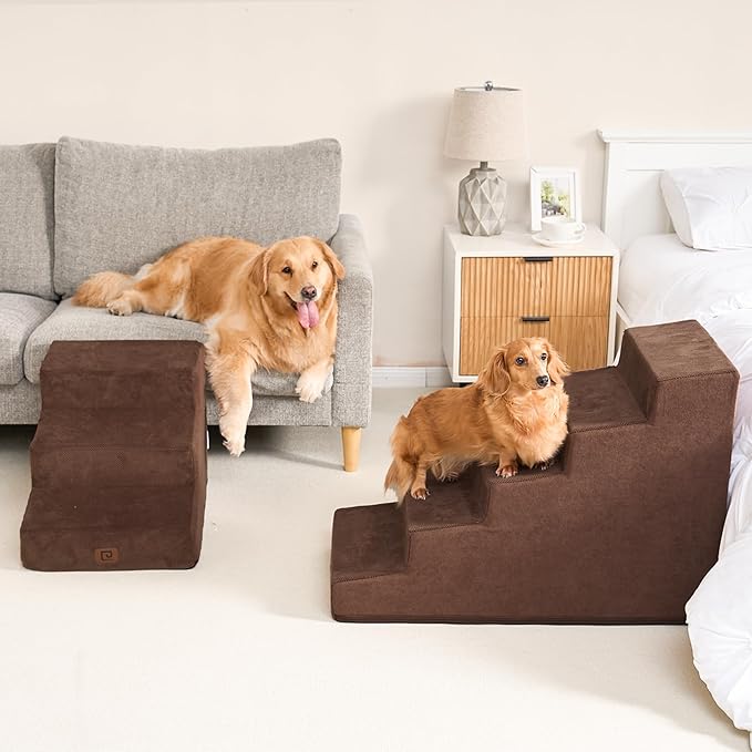 EHEYCIGA Dog Stairs for High Beds 22.5" H, 5-Step Dog Steps for Small Dogs and Cats, Slope Pet Steps with Non-Slip Bottom, Brown
