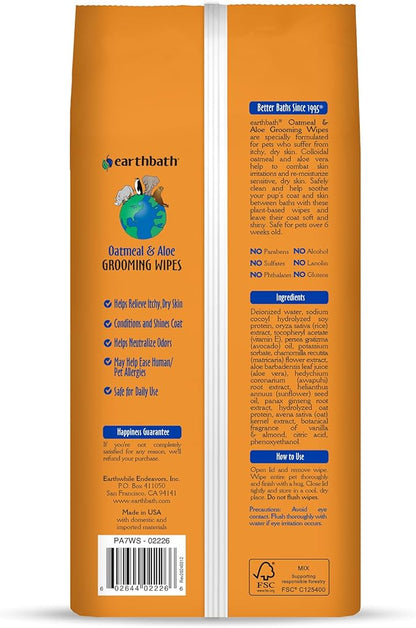 earthbath, Oatmeal & Aloe Grooming Wipes - Dog Wipes for Paws and Butt, Best Pet Wipes for Dogs & Cats, Helps Relieve Itchy & Dry Skin, Made in USA, Cruelty-Free - Vanilla & Almond 100 Count (1 Pack)