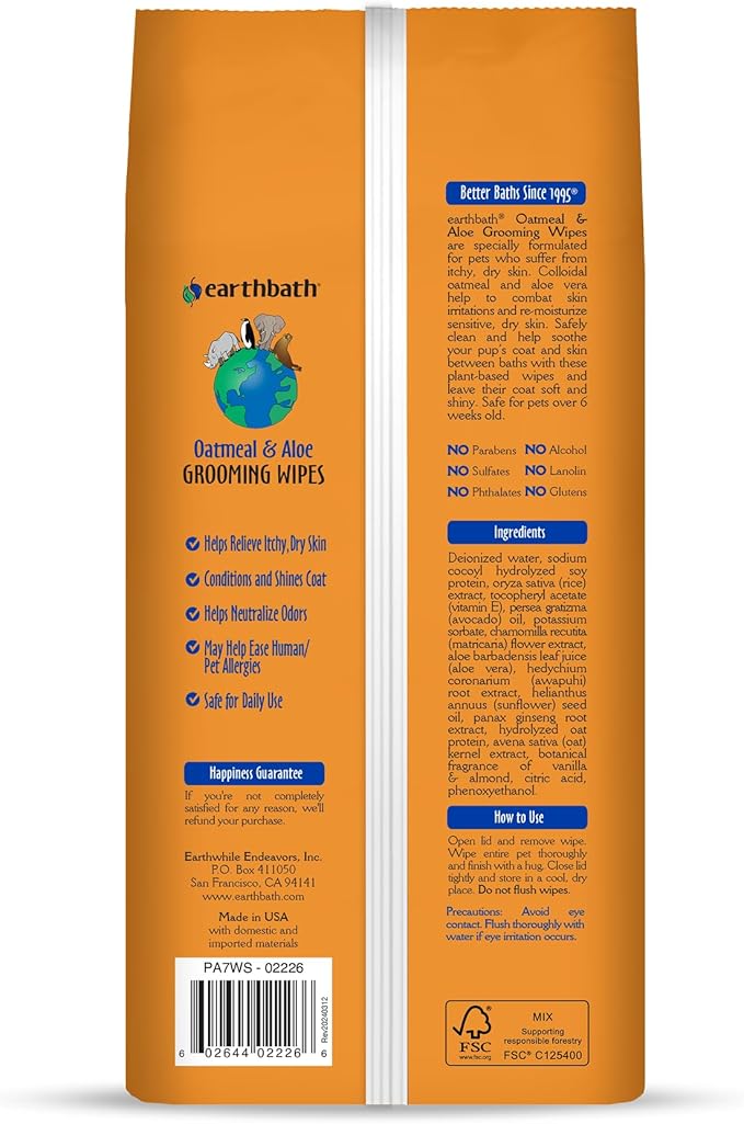 earthbath, Oatmeal & Aloe Grooming Wipes - Dog Wipes for Paws and Butt, Best Pet Wipes for Dogs & Cats, Helps Relieve Itchy & Dry Skin, Made in USA, Cruelty-Free - Vanilla & Almond 100 Count (1 Pack)