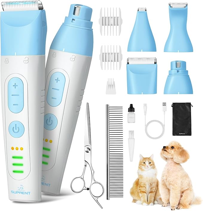 SUPRENT Dog Grooming Kit, 4 in 1 Quiet Pet Clippers for Grooming Supplies, Cordless Cat Paw Trimmer Dog Nail Grinder, Professional Long Hair Shaver Set for Cat Matted Hair and Small Dogs Blue