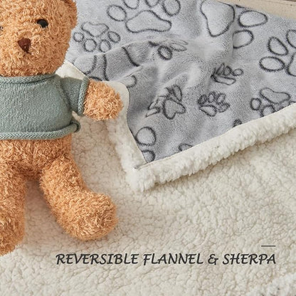 Qeils Dog Blankets for Small Dogs - Waterproof Cat Blanket Washable - Sherpa Fleece Puppy Blanket, Soft Plush Reversible Cat Kitten Blanket for Bed Couch Car Sofa, 25"X30", Grey Paw Print