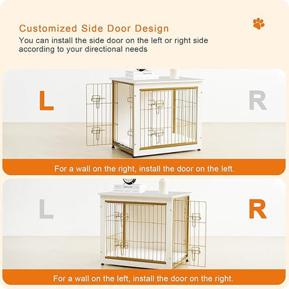 DWANTON Dog Crate Furniture with Cushion, Wooden Kennel Table with Double Doors, Indoor Dog House, Medium Size, 32.5" L, White