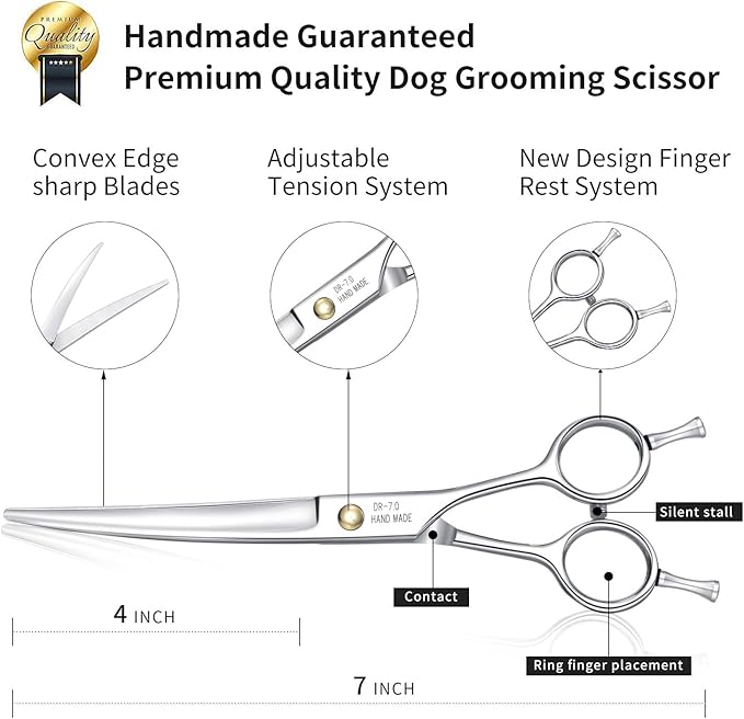 Dream Reach Professional Dog Grooming Straight, Curved, Thinning/Blending/Chunking Scissors Kit, JP-440C Stainless Steel Pet Cat Hair Cutting/Trimming Shears (7 inch-Curved Scissors)
