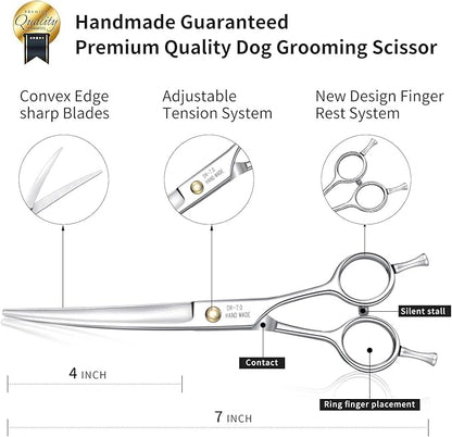 Dream Reach Professional Dog Grooming Straight, Curved, Thinning/Blending/Chunking Scissors Kit, JP-440C Stainless Steel Pet Cat Hair Cutting/Trimming Shears (7 inch-Curved Scissors)