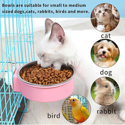 2Pcs Pets Lightweight Stainless Steel Bowl,Removable Stainless Steel Pet Hanging Food Water Feeder Bowl Cage Coop Cup for Puppy Medium Dog Cat Rabbit Ferret Bird Gunea Pigs (Pink, M)