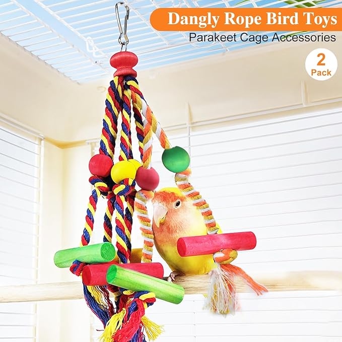 2 Pack Dangly Rope Bird Toys, Parakeet & Conure Toys with Multicolored Natural Wood, Chewing Toy Hanging Bird Cage Accessories for Parakeet Conure Cockatiel Parrot Lovebird