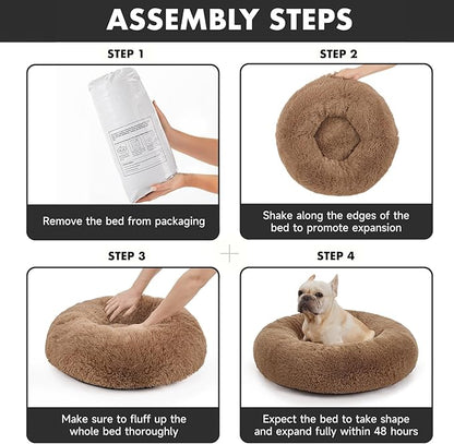 OhGeni Calming Donut Dog & Cat Bed Pillow, Machine Washable Plush Waterproof Zipper Cover, Anti-Slip Round Comfort Pet Bed, Pillow Design Cozy Warming Fluffy Fur Bed for Medium Dogs, Ocher, 30 inches