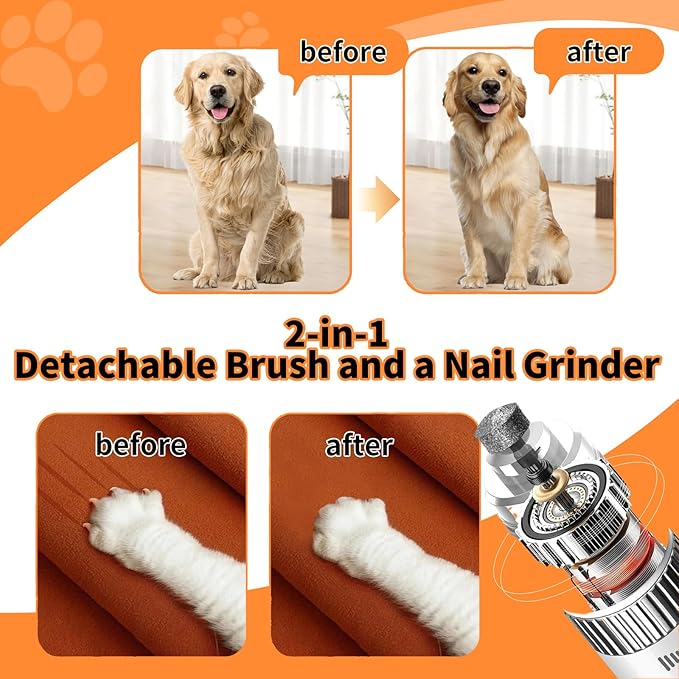2 in 1 Pet Brush and Nail Grinder, Rechargeable Self-Cleaning Slicker Cat Brush for Shedding and Grooming, Pet Paws Nail Trimmers for Small & Medium Dogs