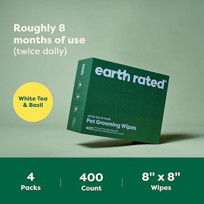 Earth Rated Pet Grooming Wipes for Dogs and Cats, Hypoallergenic, 3-in-1 Cleaning, Deodorizing and Hydrating, for Paws, Body and Butt, New White Tea and Basil Scent, 400 Count