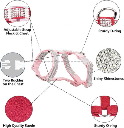 Dog Reflective Rhinestone Harness, No Pull Adjustable D-Ring Harness Walking Harness for Small Meduim Large Dog(Pink,XS)