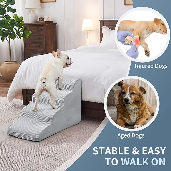 BOMOVA Dog Stairs for Small Dogs, 4-Step Dog Steps for Bed and Couch, High Density Foam Pet Stairs for Small Dogs and Cats, Non-Slip Bottom Dog Ramp, Light Grey, 2/3/4/5 Steps