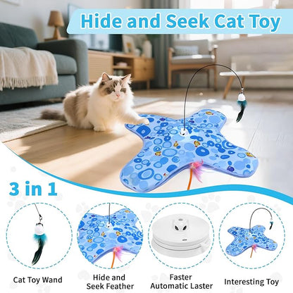 DFQ Cat Toys,3 in 1 USB Rechargeable Automatic Kitten Toy,Flying Bird Kitten Wand,Hide and Seek Exercise Kicker for All Breeds Indoor Adult Cats(Blue Fish with Pole)
