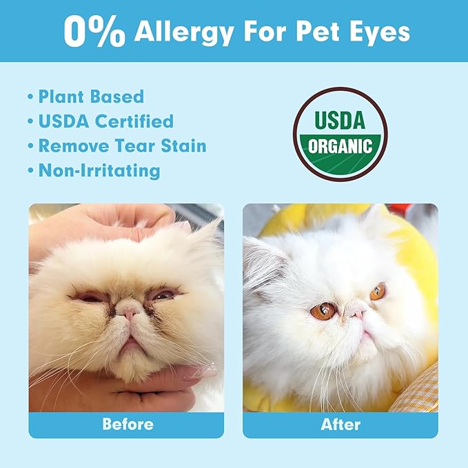Hypoallergenic Eye Wipes for Dog & Cats, 100 Pcs Plant-Based Tear Stain Remover for Discharge, Crust, Allergies, Itching, Unscented, Double Layer, Made in PRC