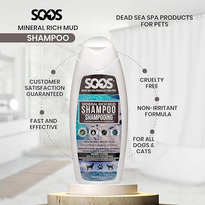 Soos Pet Dog Shampoo for Cats and Pets Mineral Rich Mud Natural Dead Sea Cruelty Free Fast Absorbing Skin Cooling First Aid Antib-acterial and Antif-ungal Odor Remover - 1x Pet Shampoo (500ml)