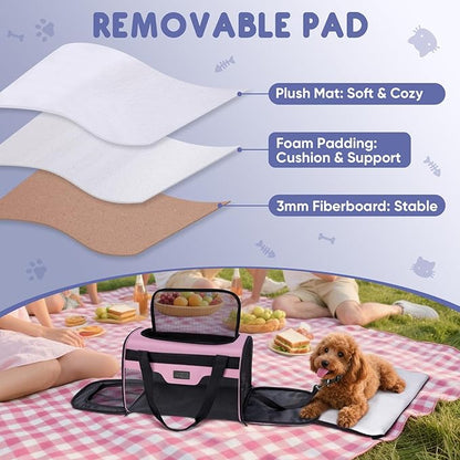 BALEINE Cat Carrier, Puppy Dog Carrier for Small Medium Pets Up to 15 Lbs, Soft-Sided Dog Travel Bag with Safety Zippers, Collapsible Pet Carrying Case (Pink, L, 17"x11"x11")