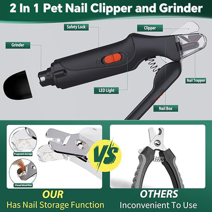 2-in-1 Dog Nail Grinder & Dog Nail Clippers Trimmers for Large Medium Small Dogs Cats Pets Claw Trimmer Quick Sensor and Safety Guard USB Rechargeable with 2 LED Lights Dogs Nail Trimmer