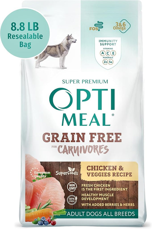 OPtimeal Grain-Free Dog Food - Proudly Ukrainian - Balanced Dog Food Dry Recipe with Immunity Support, Non-Grain Dry Dog Food for All Dog Breeds (8.8 lbs, Chicken & Veggies)