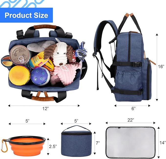 Modoker Dog Travel Bag, Airline Approved Backpack for Pet Accessories Organizer, Tote Weekend Bag with 2 Dog Food Storage Containers, 2 Collapsible Dog Bowls, 1 Pet Mat, Blue