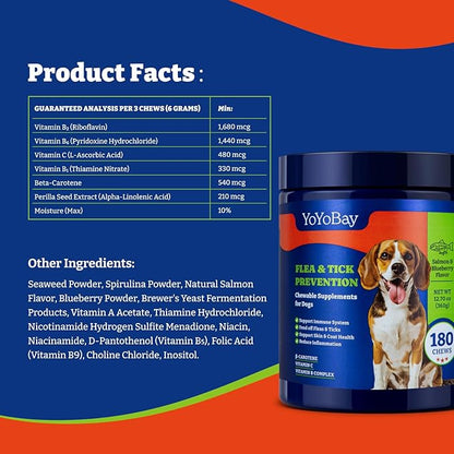 Flea and Tick Prevention for Dogs Chewable - 180 Soft Chews, Salmon & Blueberry Flavor - Dog Flea and Tick Treatment Chewable, Natural Defense- Dog Immune Support Supplement