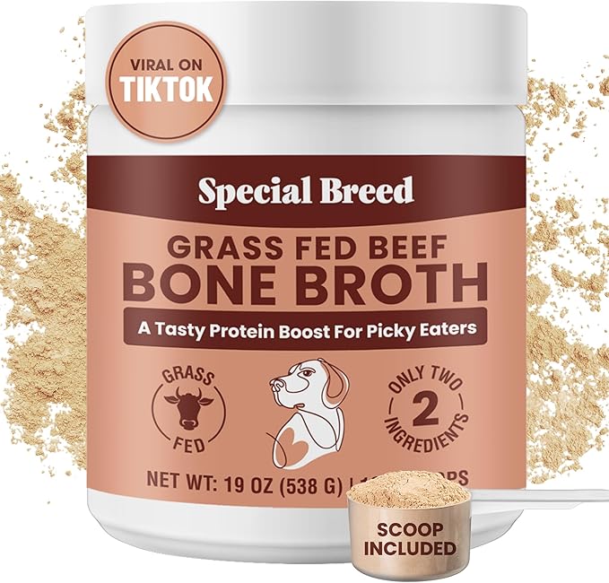 19oz Bone Broth Powder for Dogs and Cats - 192 Scoops - Dog and Cat Food Topper, Grass Fed Beef Broth Supplement
